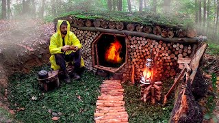 Bushcraft camp in the woods | Moss roof shelter | Build Survival Tiny House - Solo Camping - Chair