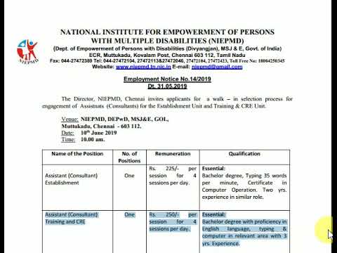 NIEPMD Recruitment 2019 Post Assistant (Consultant) Establishment,Interview 10-06-19