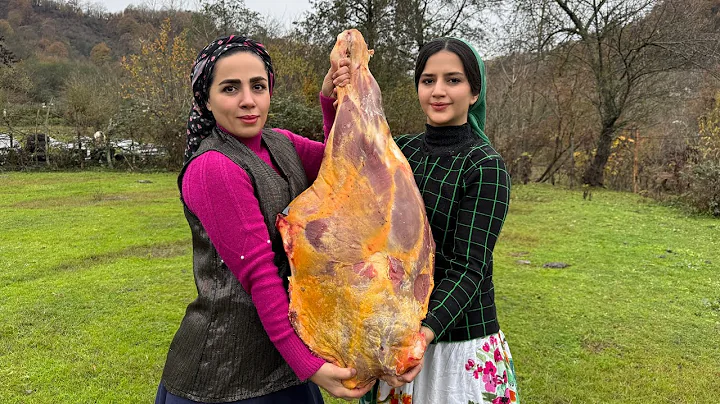 Butchering and cooking a giant beef thigh in village