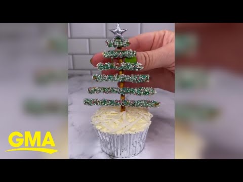 Decorate your cupcakes with this pretzel christmas tree tutorial