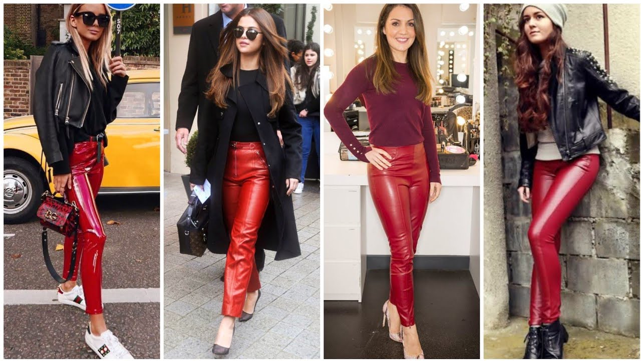 Adorable stunningly and stylish red leather tight pants outfits ideas for women and girls Fashion❤️