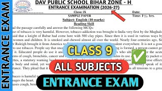 Class 9 all subjects question paper of entrance exam 2026/admission test | Dav paper Zone 2026-27 |