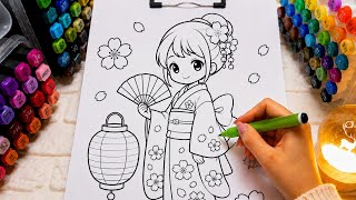 Relaxing Japanese Girl Cherry Blossoms Alcohol Marker Coloring