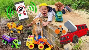 Em tu bi tìm xe máy xúc cứu hộ xe tải bị lật nhào khi lên dốc, xe cẩu múc cát, xe ben làm đường