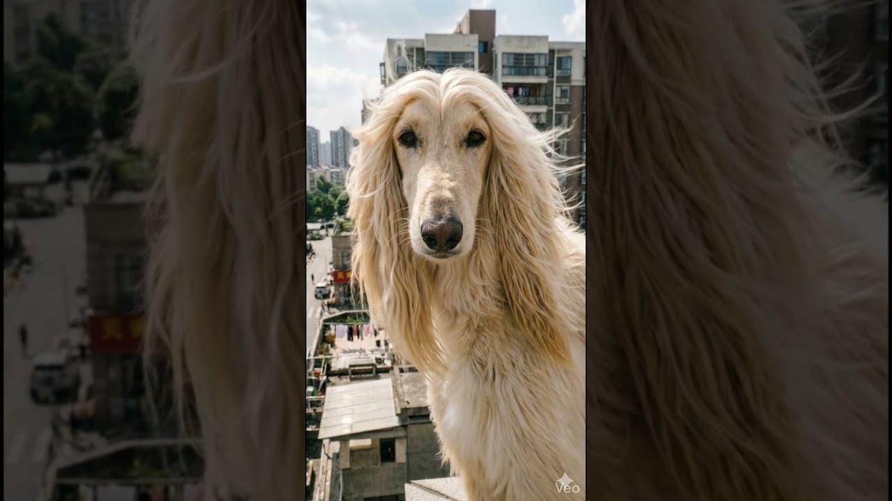 Afghan Hound faces the city wind on a rooftop, long hair flowing like time itself
