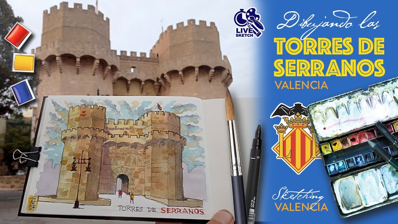 Dibujo de las Torres de Serranos en vivo, paso a paso. Live urbansketching step by step in Spain.