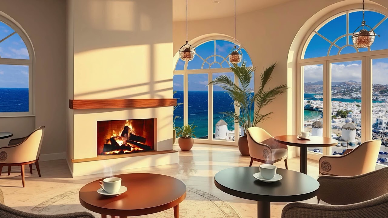 10 Hours of Relaxing Jazz Music🎷 ~ Cozy Art Deco Café in Mykonos ☕🌴 Fireplace Ambience 🔥