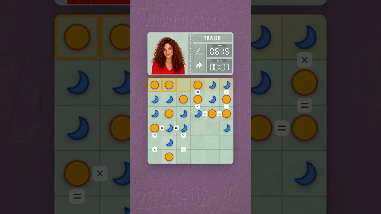 LinkedIn Tango #615 solved board for June 14, 2026, 6x6 grid