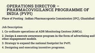 Opportunity for M Pharm Pharm D to Join Indian Pharmacopoeia Commission as Opera