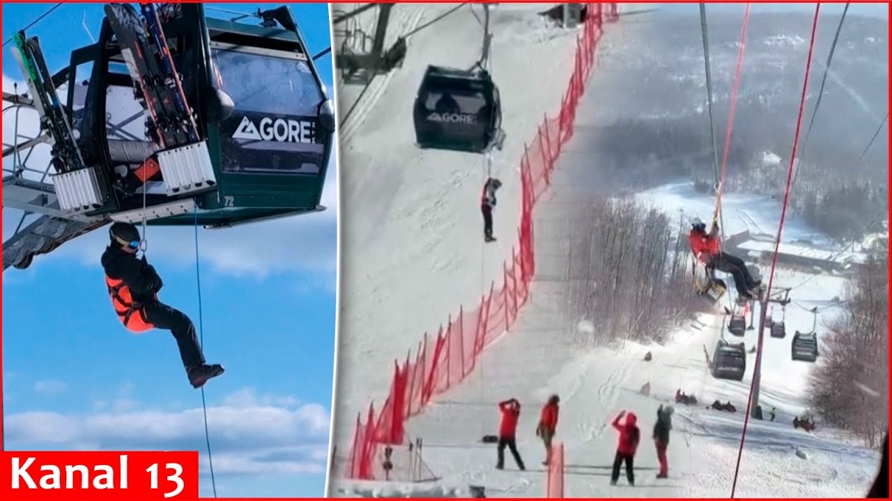 На видеозаписи запечатлено спасение пассажиров из гондольного подъемника на горе Гор в штате Нью-...