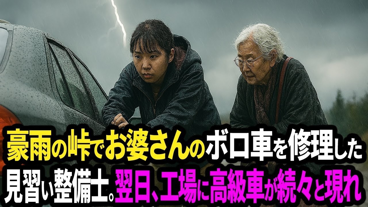 豪雨の峠でエンスト車を修理してくれた整備士見習いの女性。翌朝、工場に黒塗りの高級車が殺到し…【面白きかな人生】