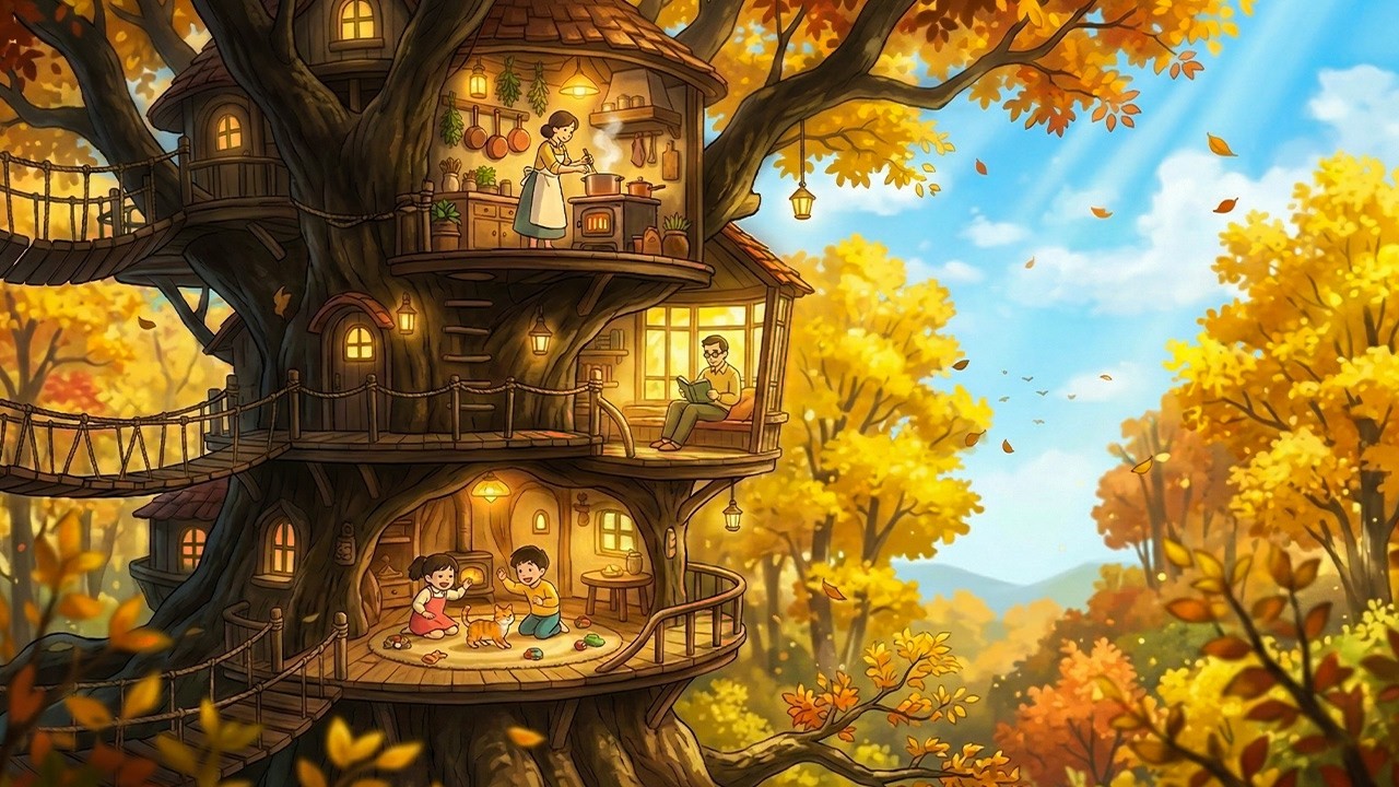 Cozy Treehouse Life: Cooking & Family Time on a Rainy Day | Ghibli-Style Video