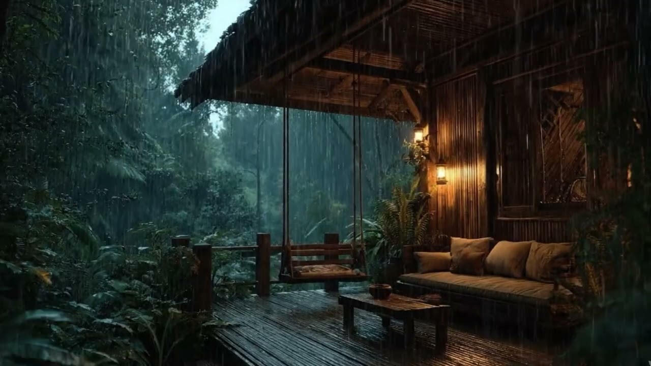 Heavy Jungle Rain on a Cozy Wooden Cabin Porch with Swing 🌧️ | Deep Sleep Night Ambience