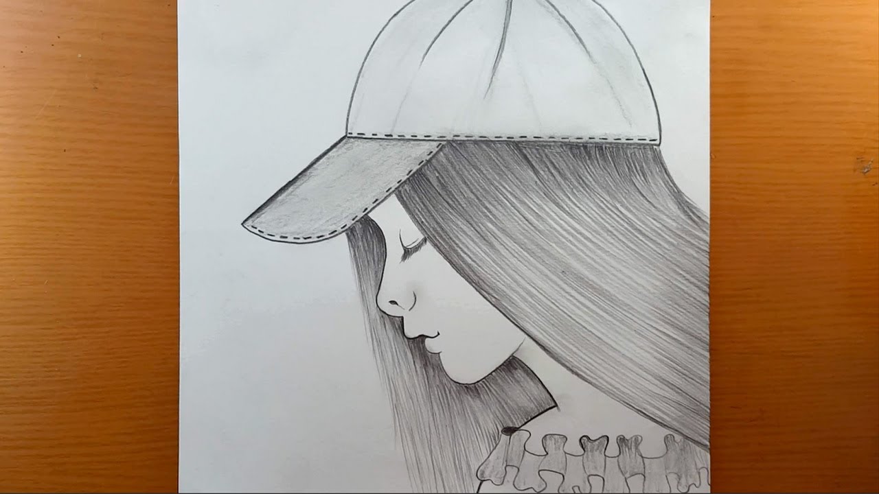 bela jovem de chapéu. menina elegante, desenho colorido, realista