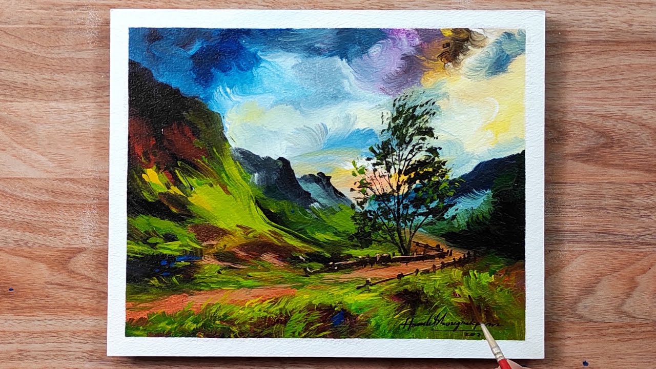 Mountain Colorful and Hamlet Shougrakpam on Paper Landscape / Acrylic YouTube - Sky / Painting Art