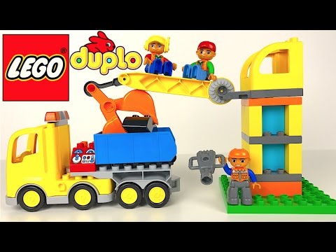 LEGO DUPLO BIG CONSTRUCTION SITE & MIGHTY MACHINES BULLDOZER DUMP TRUCK  CRANE WITH HOOK-STOP MOTION 