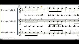 Partitura Musita de la sonora santanera para 3 trompetas con nombre de las notas chords