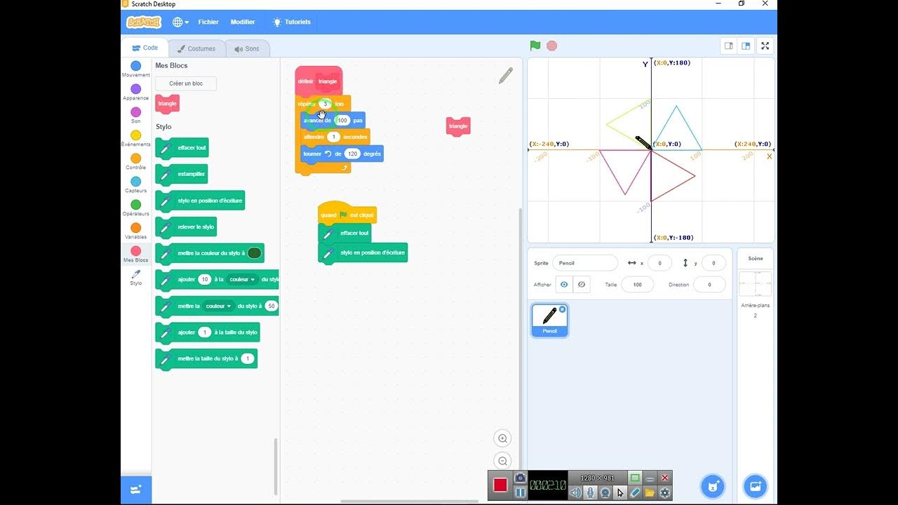 traçage de 4 triangle équilatéraux avec scratch dans les 4 directions ...