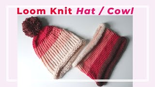 Loom knit hat and cowl set with gradient colors - chunky and small gauge loom