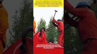 Hardworking Industrial Specialists Aligning Heavy Steel Components With Precision Force