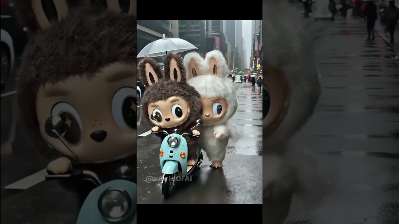 Labubu in Rain Ride | Romantic City Street | Cinematic AI Art 4K ☔