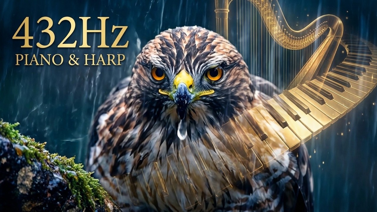 Эмоциональное исцеление 432 Гц: Величественные ястребы под дождем и мягкая арфа