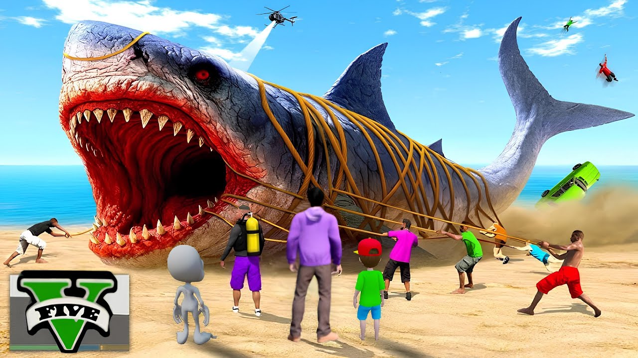 ပင်လယ်ထဲက ငါးမန်းဘီလူးကြီးကို ဝိုင်းဖမ်းကြပြီ | Hunting Megalodon in GTA V