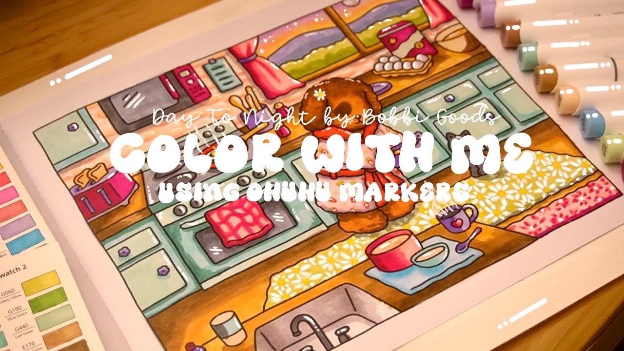 Color with me (ASMR) 🌼🐻 'Day To Night' by Bobbie Goods using Ohuhu markers 🌱✏️ #adultcoloring #asmr