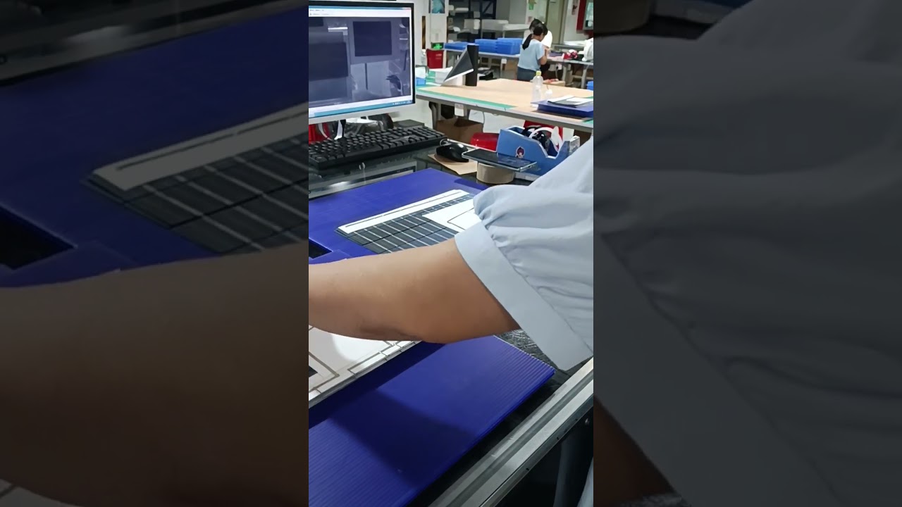 EL test on half finished glass laminated monocrystalline solar panel. 