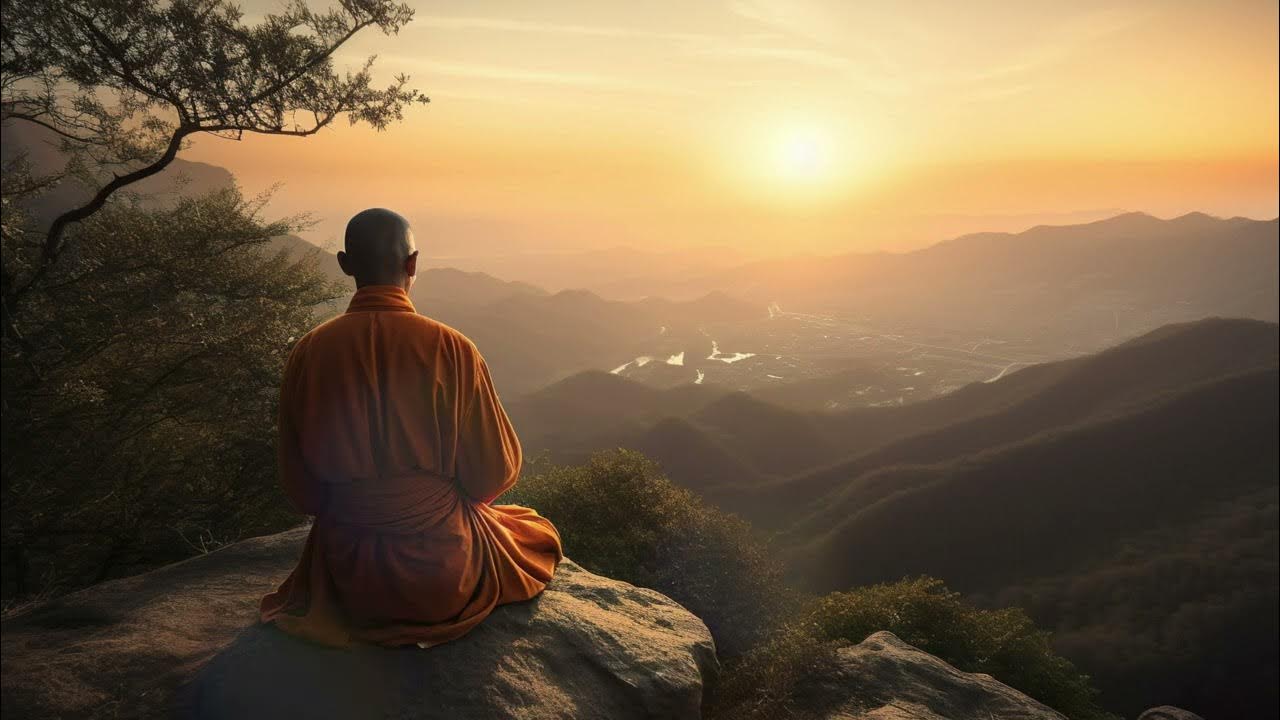 A serene meditation setup with a cup of safflower tea, Tibetan prayer flags, and a peaceful mountain view