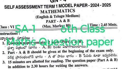 6th class SA 1 Maths Question paper 