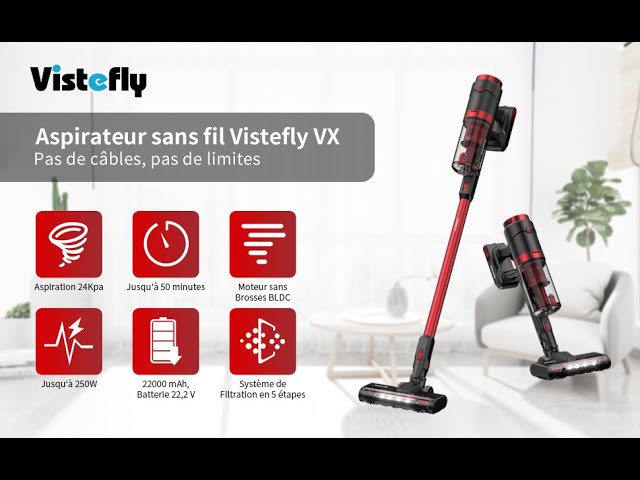 Vistefly VX Aspirateur sans Fil,23KPA 250W Aspirateur Balai,Autonomie 50  min,3 Vitesses Modurable 