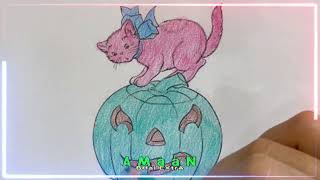 Instructions for coloring the picture of a pink cat and a pumpkin