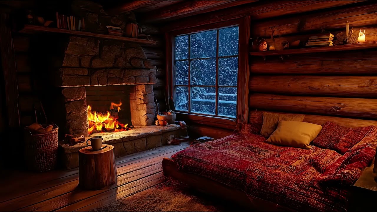 I Fell Asleep Instantly in This Cozy Winter Cabin Bedroom ❄️ Fireplace & Snow Sounds for Deep Sleep