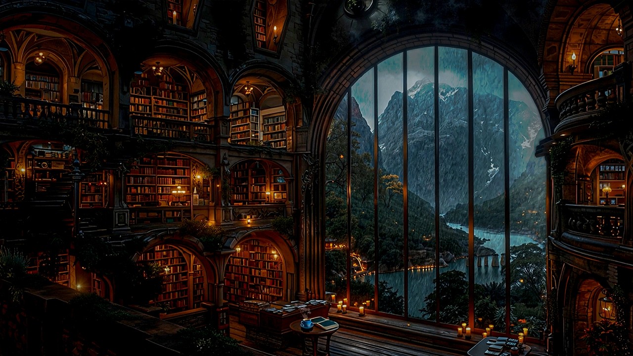 Studying in a Majestic Library Overlooking the Mountains | Dark Academia Piano for Study & Reading
