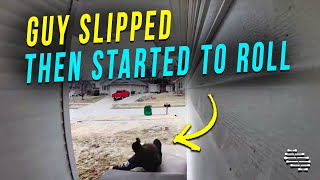 Guy Went Outside to Start the Car but Slipped Then Started to Roll Around