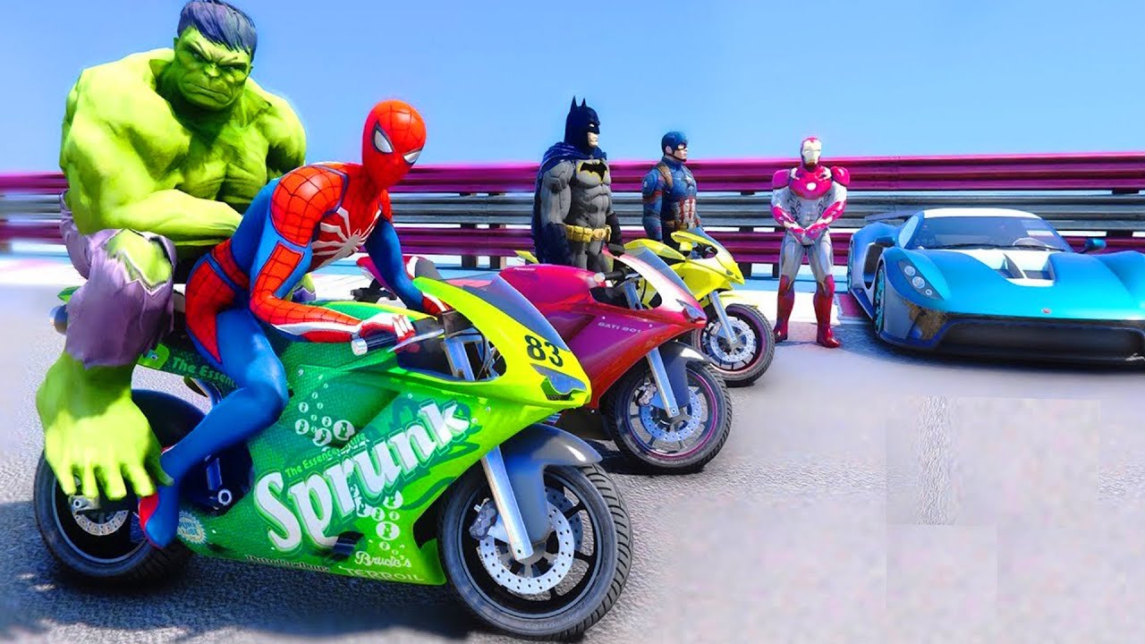 SpiderMan and Motos Long Jump Challenge With Hulk, Thor, Iron Man Superheroes - GTA 5