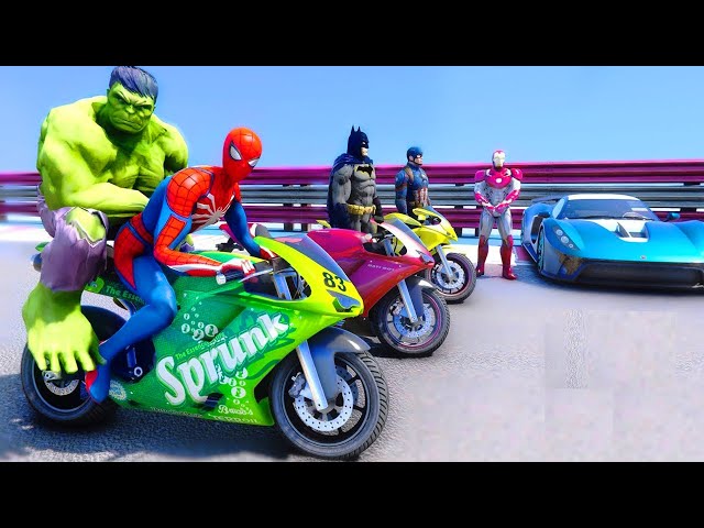 SpiderMan and Motos Long Jump Challenge With Hulk, Thor, Iron Man Superheroes - GTA 5 class=