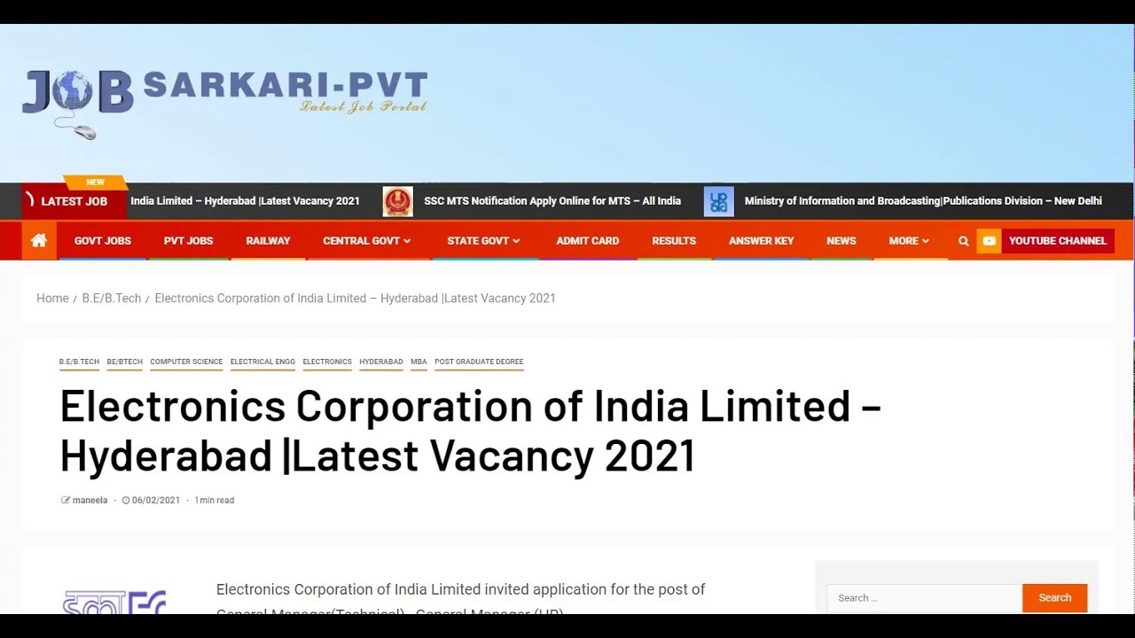 Electronics Corporation of India Limited Recruitment 2021