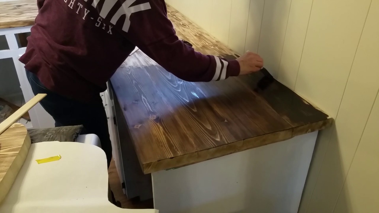 Staining our DIY torched wood countertop. - YouTube