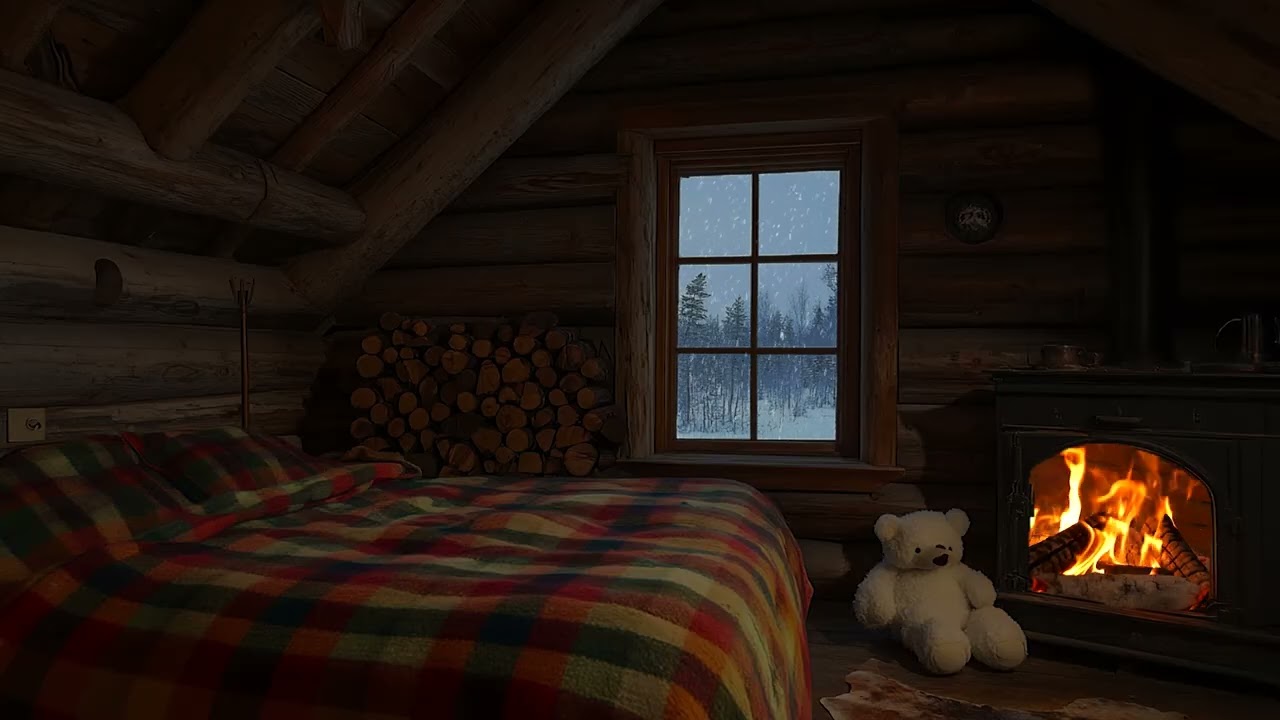 Sleep soundly in a cozy winter hut - the relaxing sounds of falling snow, fireplace, and wind
