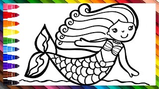 Drawing and Coloring a Cute Mermaid 🧜‍♀️🌊🐚🌈 Drawings for Kids