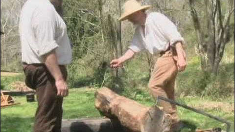 Hewing an oak log with handtools