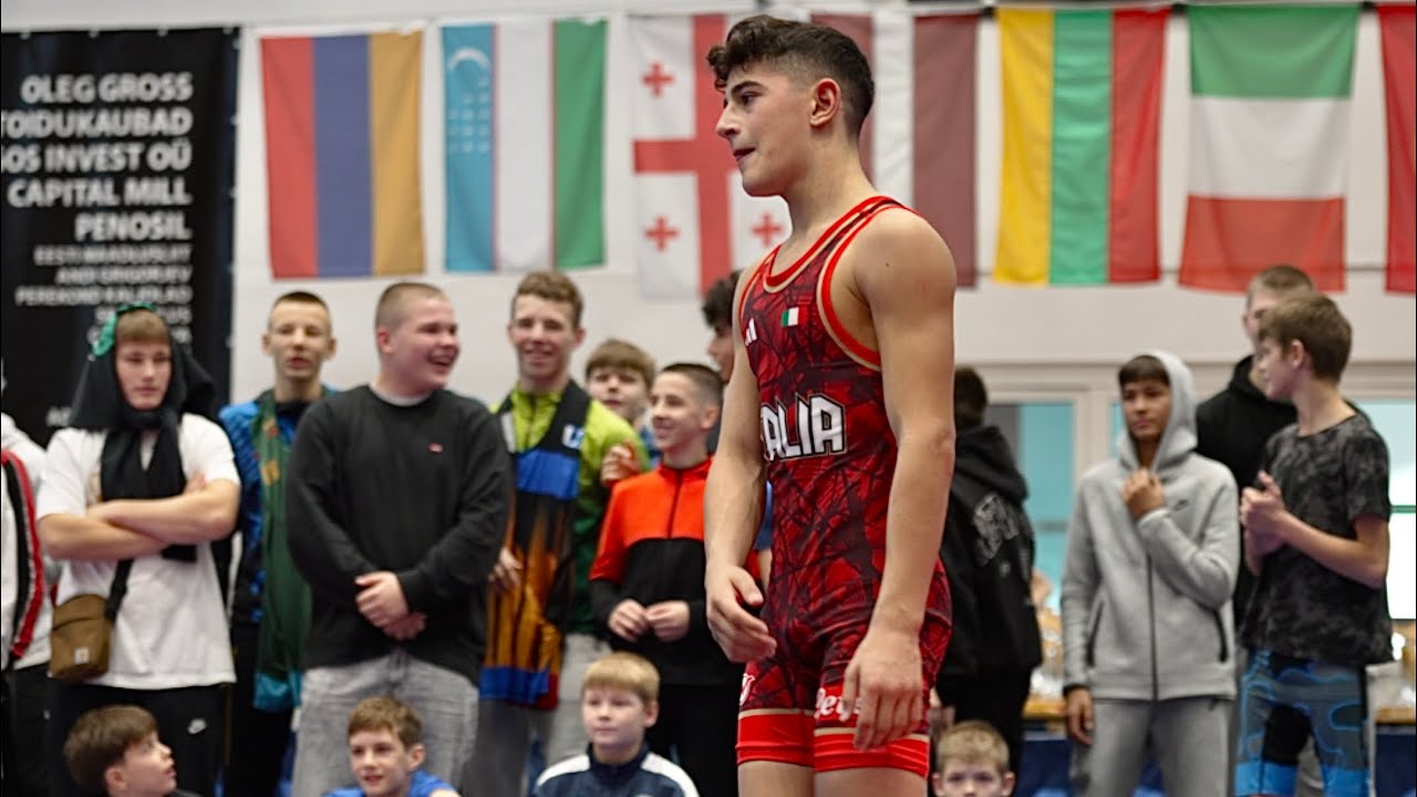 U13 Nathan Armenise (ITA) vs David Lobyan (EST) 53kg. Greco-roman boys youth wrestling. B-cam-man