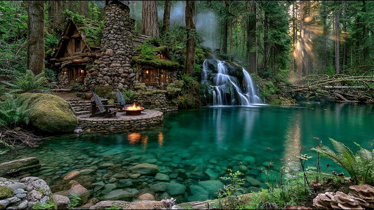 Cozy Piano Music Forest Riverside Cabin 🌿 Relaxing Campfire & Birdsongs for Relaxation