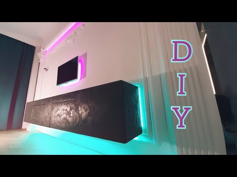 Делаю подвесную ТУМБУ ТВ с подсветкой и встроенной музыкой. TV stand DIY with lighting and music.
