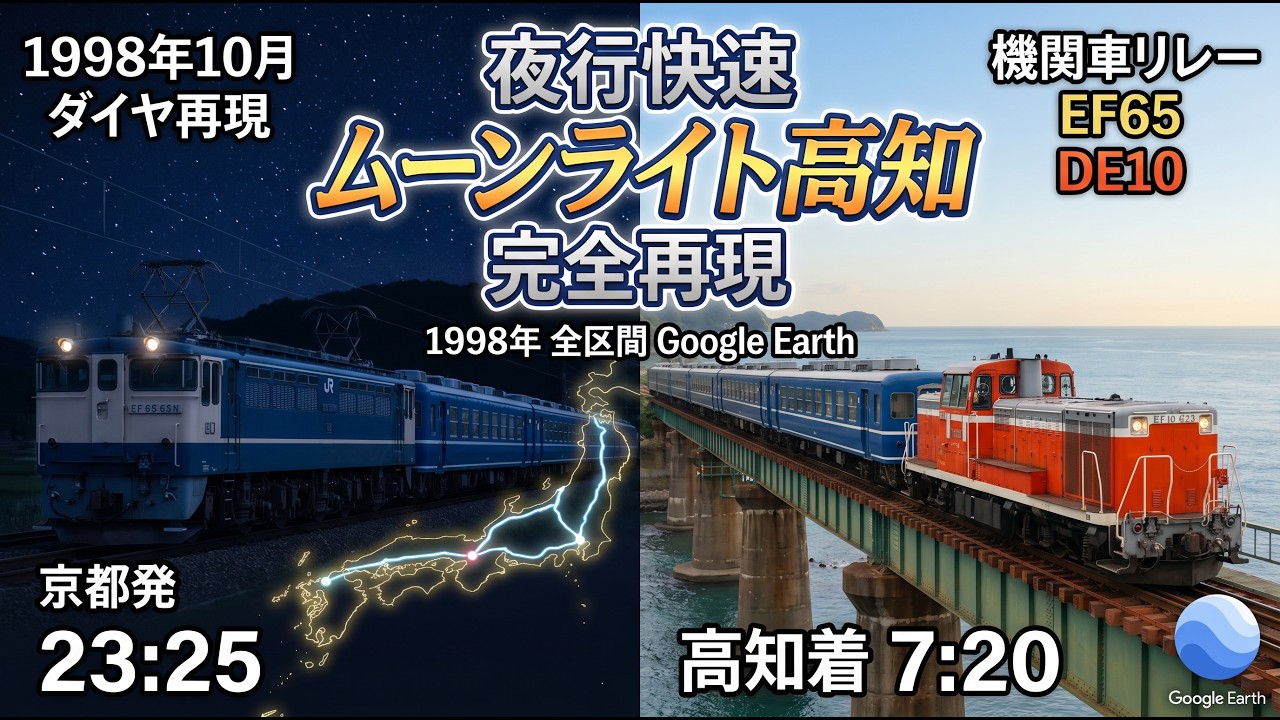 【1998年】夜行快速ムーンライト高知 全区間再現 | EF65×DE10 機関車リレーと12系客車の旅路をGoogle Earthで辿る