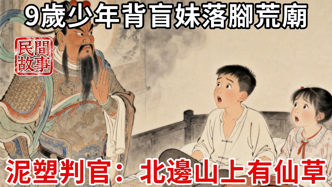 9歲少年背盲妹乞討，雪夜落腳城郊荒廟，深夜泥塑判官眼中含淚，輕聲開口：北邊山上有仙草，能治眼盲！#民間故事 #傳統文化 #原創虛構 #華語有聲書 #槐樹下聽書