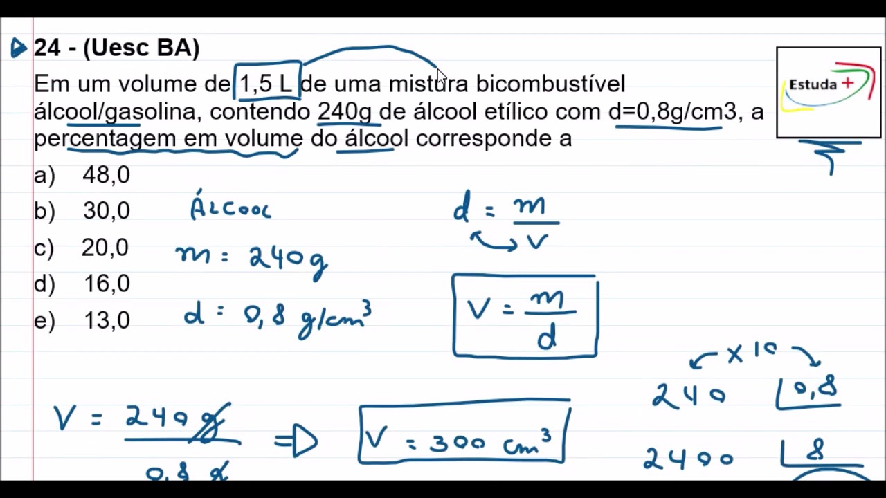 Cálculo de densidade e porcentagem de volume em uma solução - YouTube