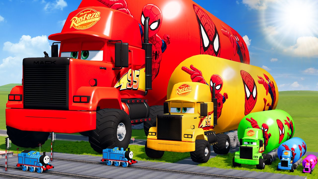 Big & Small Long Mack Truck with Tanker Spiderman vs Trains Thomas | BeamNG.Drive